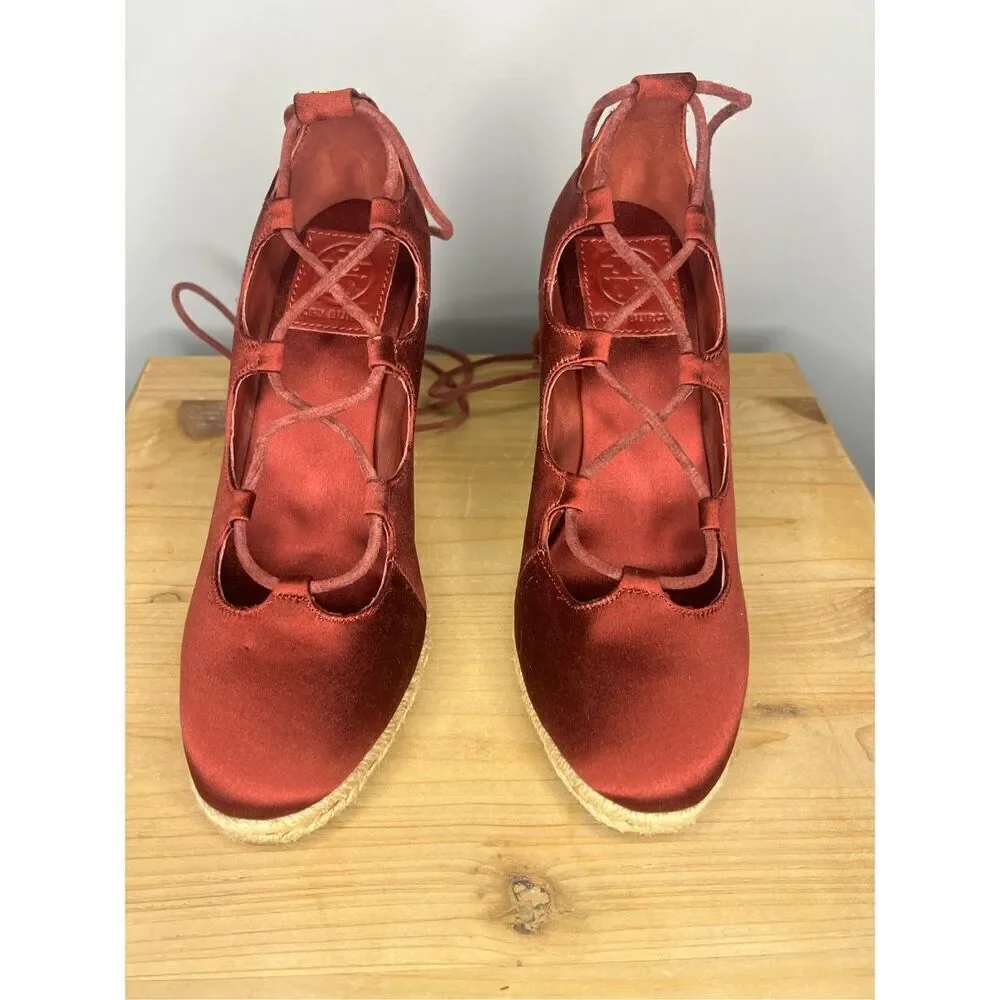 Tory Burch‎ Women's High Heels Wedge Espadrilles Pompoms Satin Merlot Shoes 5.5